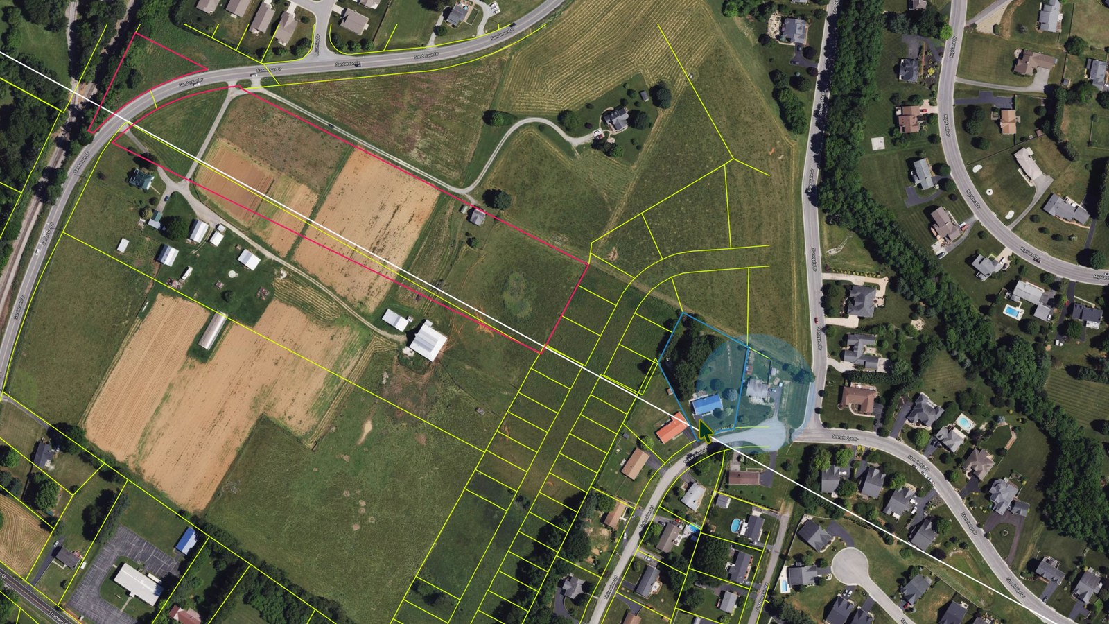 Aerial parcel map of the Tinkerview Road area in Botetourt County, Virginia: county GIS parcel lines, an outlined residential rezoning tract, and a highlighted A-1 agricultural parcel.